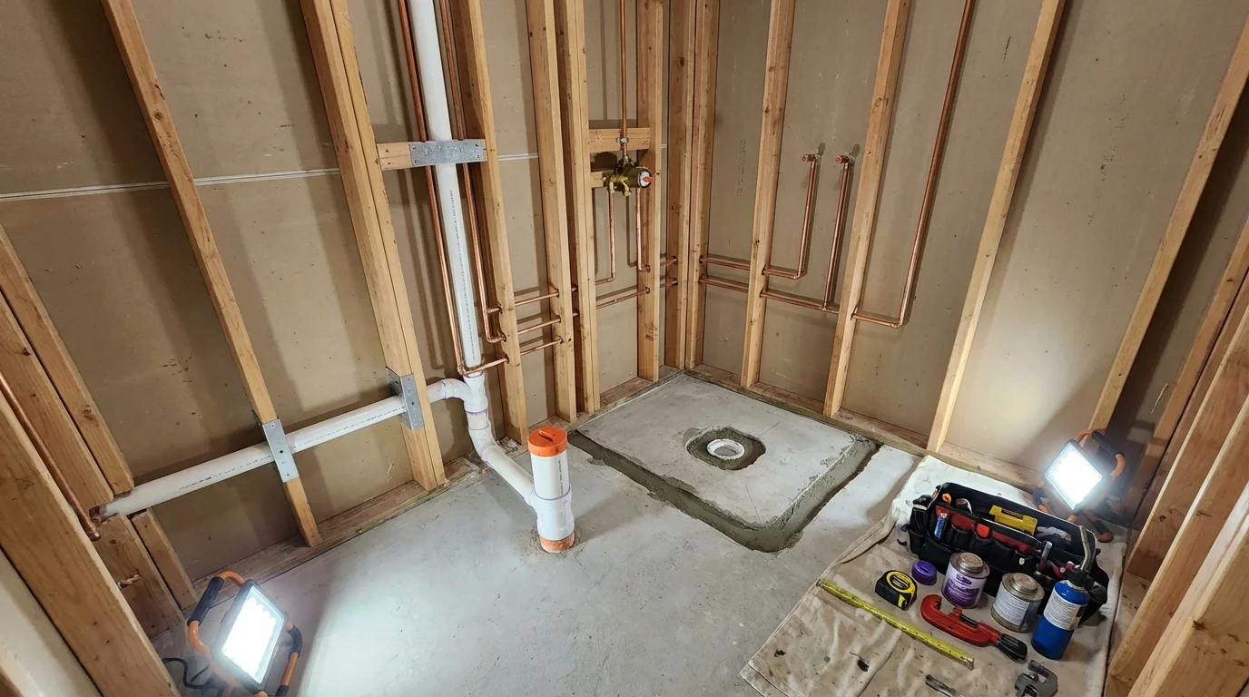 Bathroom rough-in plumbing during remodel by Johns Plumbing LLC in Gouldsboro