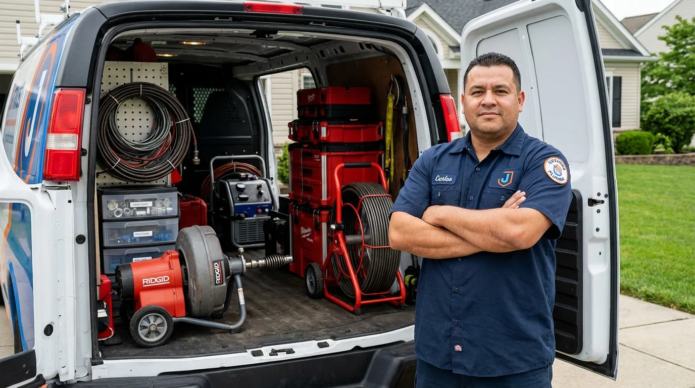 Professional drain cleaning equipment and Johns Plumbing LLC plumber in Gouldsboro