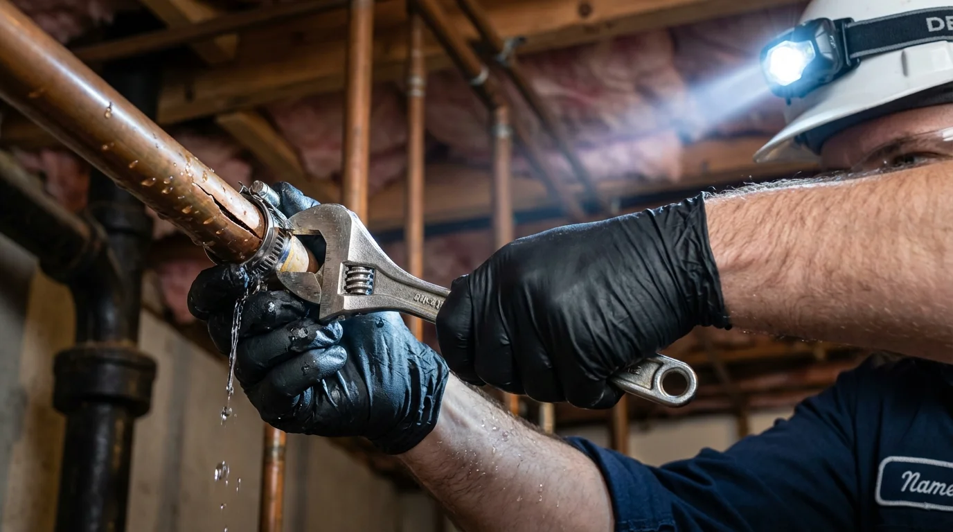 Emergency pipe clamp repair being performed by a Johns Plumbing LLC plumber in Gouldsboro