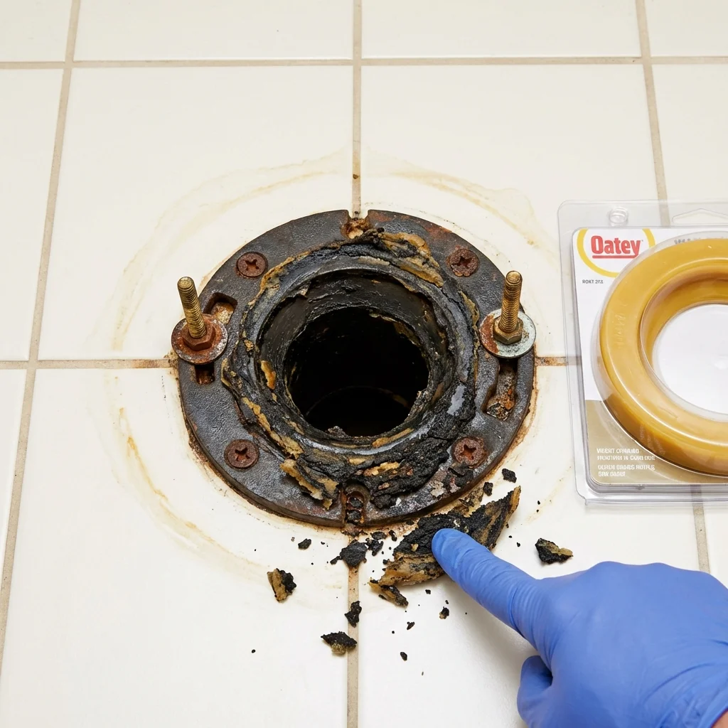 Failed wax ring showing water seepage at the base of a toilet in a Gouldsboro, ME home