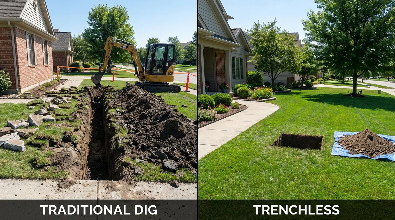 Trenchless sewer repair with minimal yard damage versus traditional excavation in Gouldsboro, ME
