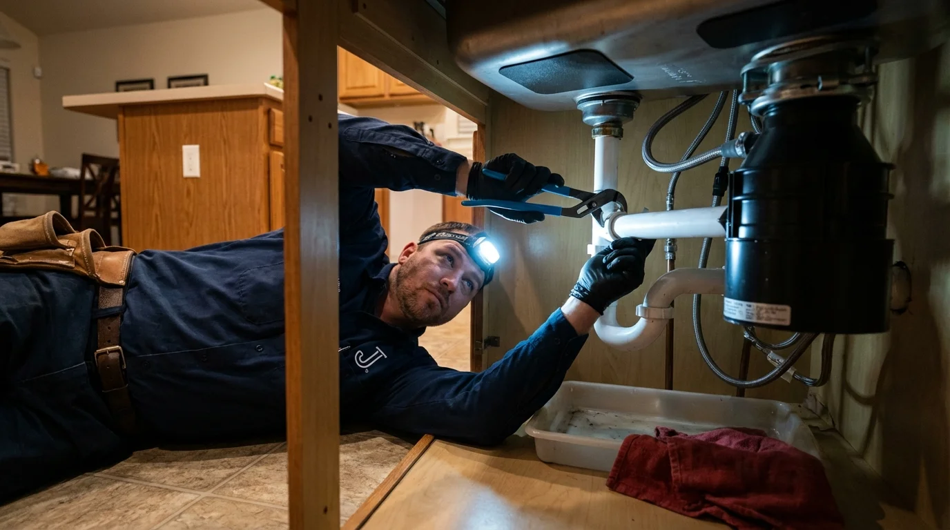 P-trap and supply line connections under a kitchen sink showing a common leak point in Gouldsboro, ME